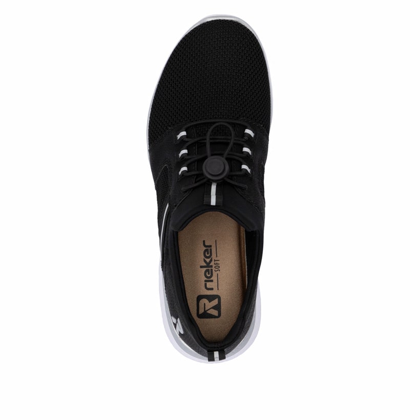 Schwarze Rieker Damen Slipper M5065-00 mit Gummizug sowie ultraleichter Sohle. Schuh von oben.
