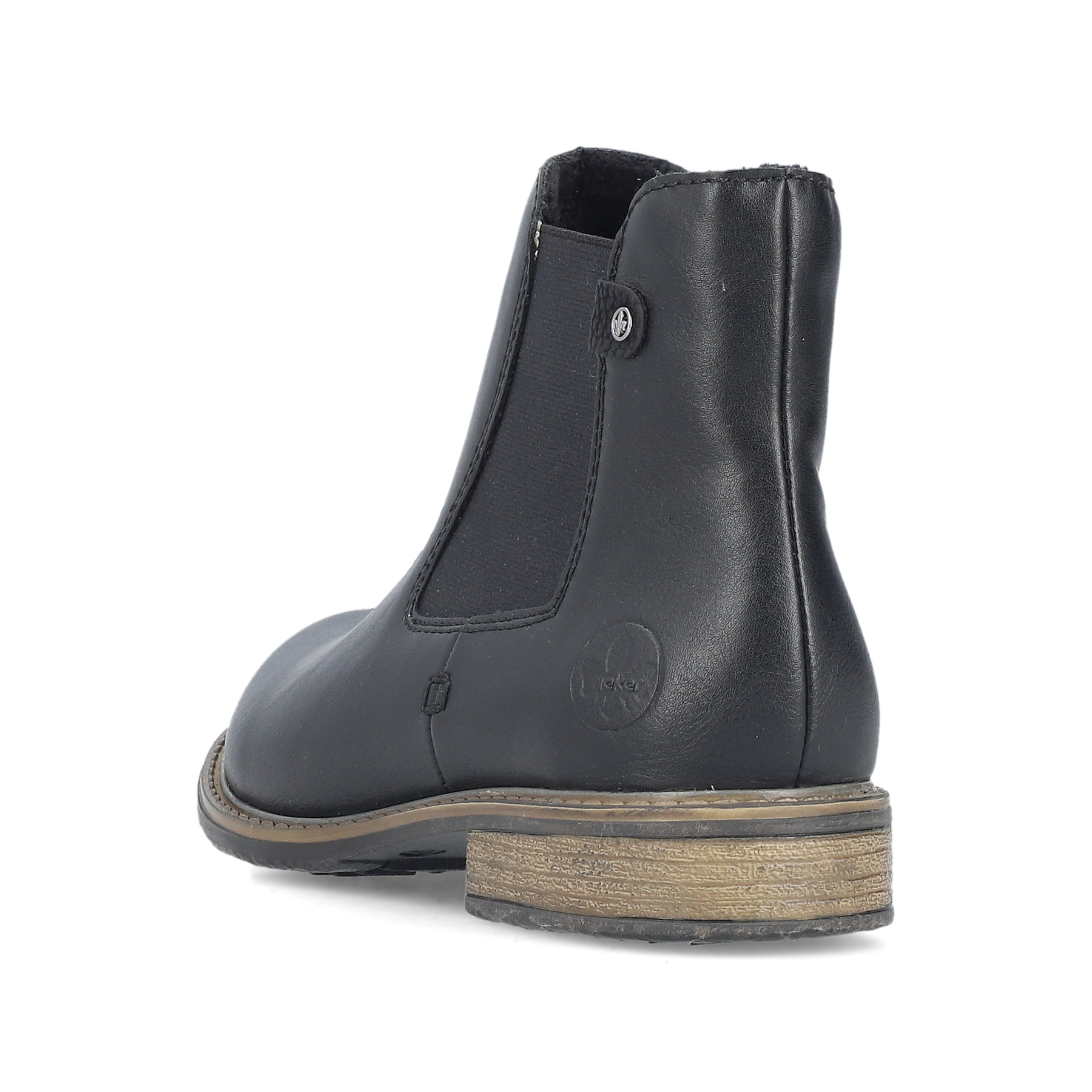 Schwarze Rieker Damen Chelsea Boots 74854-00 mit einem Reißverschluss. Schuh von hinten.