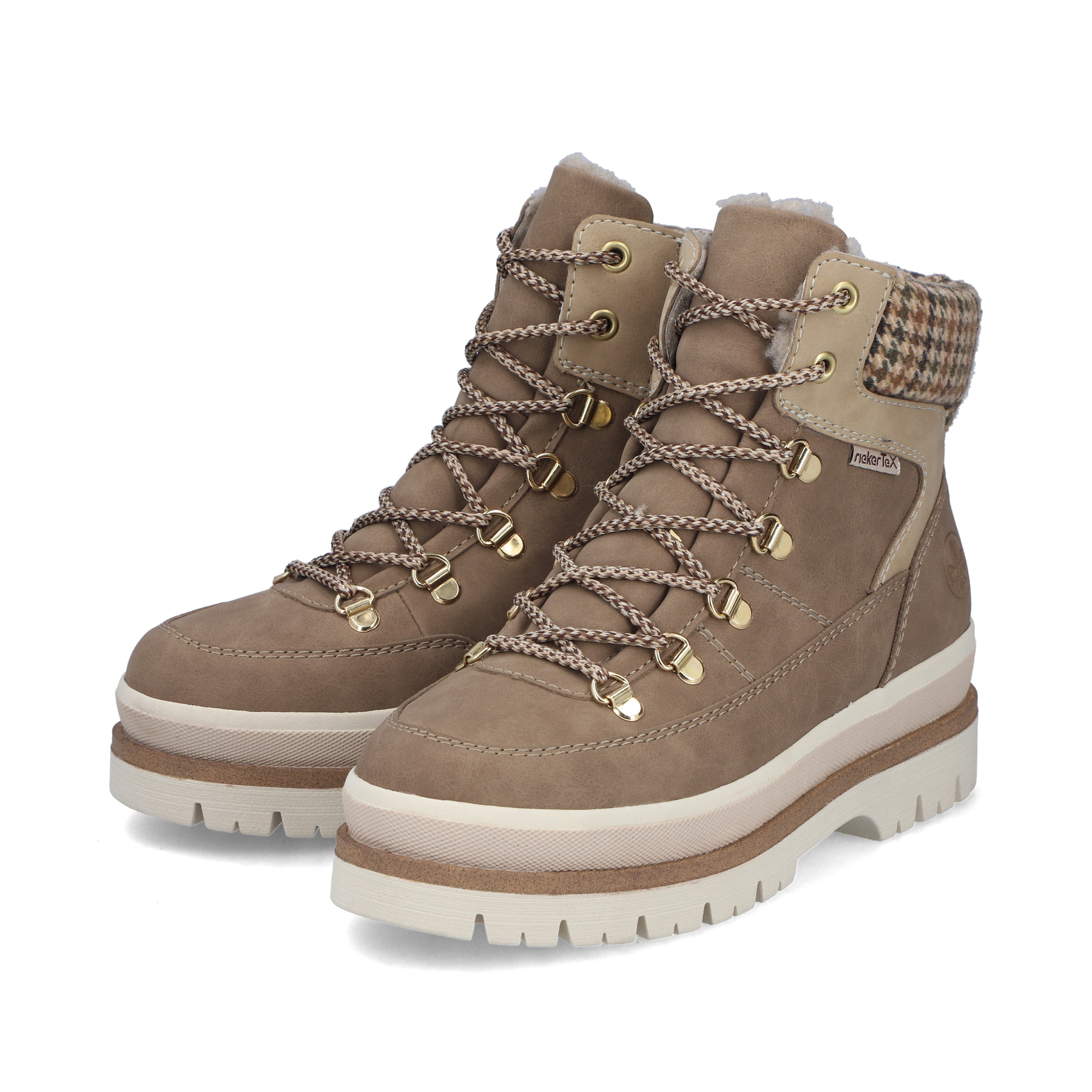 Beige Rieker Damen Schnürstiefel Y6210-64 mit wasserabweisender TEX-Membran. Schuhpaar seitlich schräg.