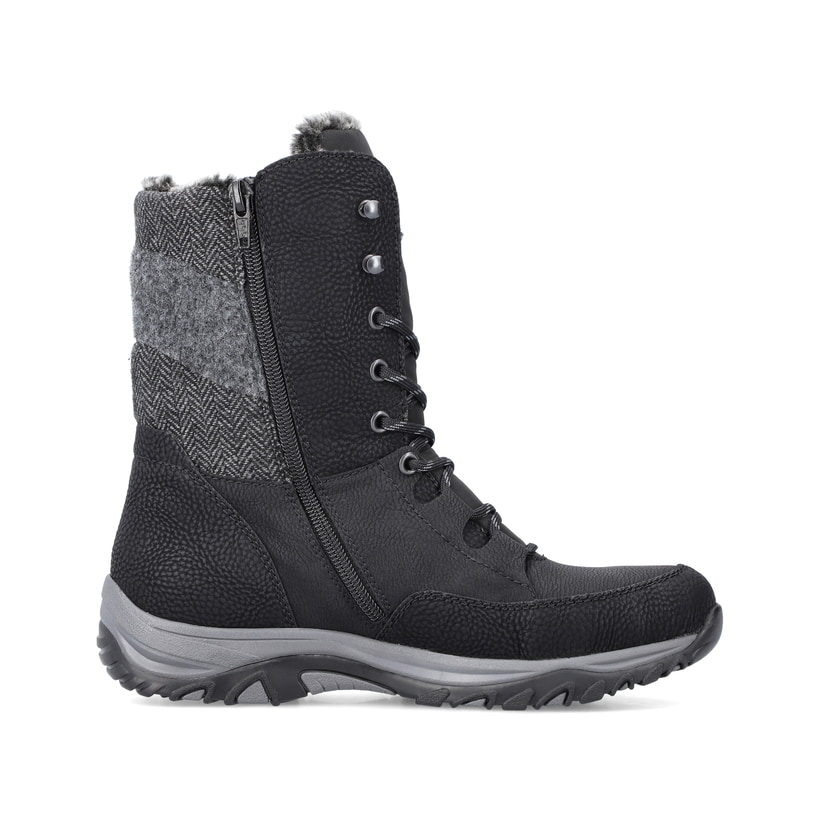 Tiefschwarze Rieker Damen Schnürstiefel M9643-01 mit Schnürung und Reißverschluss. Schuh von hinten