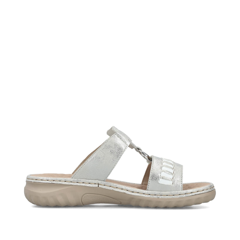 Graue Rieker Damen Pantoletten 60481-40 mit einem Klettverschluss. Schuh Innenseite.