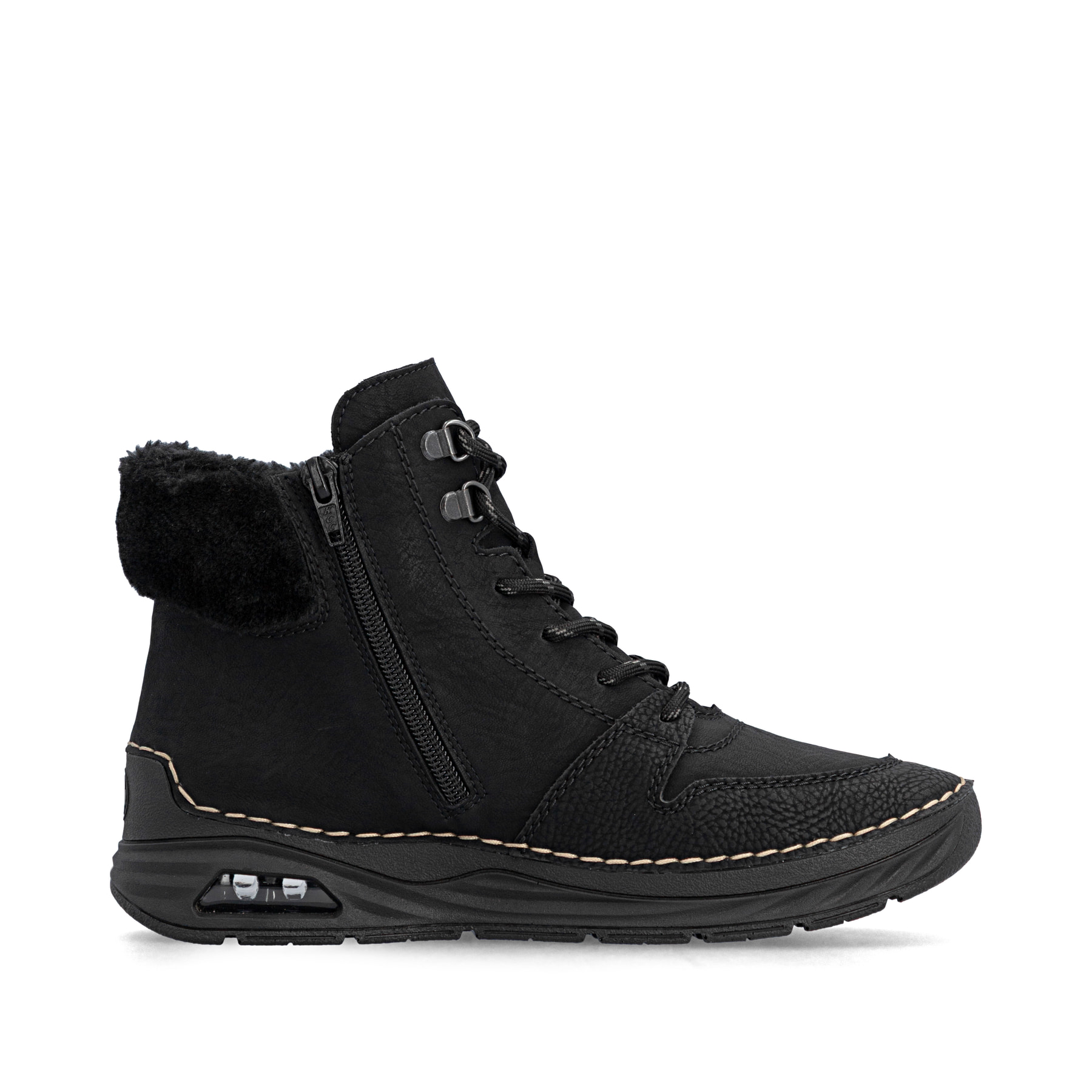 Schwarze Rieker Damen Schnürstiefel 44555-00 mit Rieker Air Sohlenfenster. Schuh von hinten.