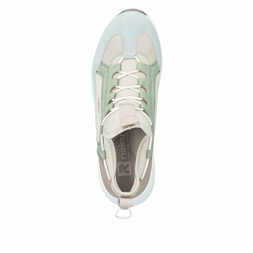 Mehrfarbige vegane Rieker Damen Sneaker Low N5254-90 mit einem Gummizug. Schuh von oben.