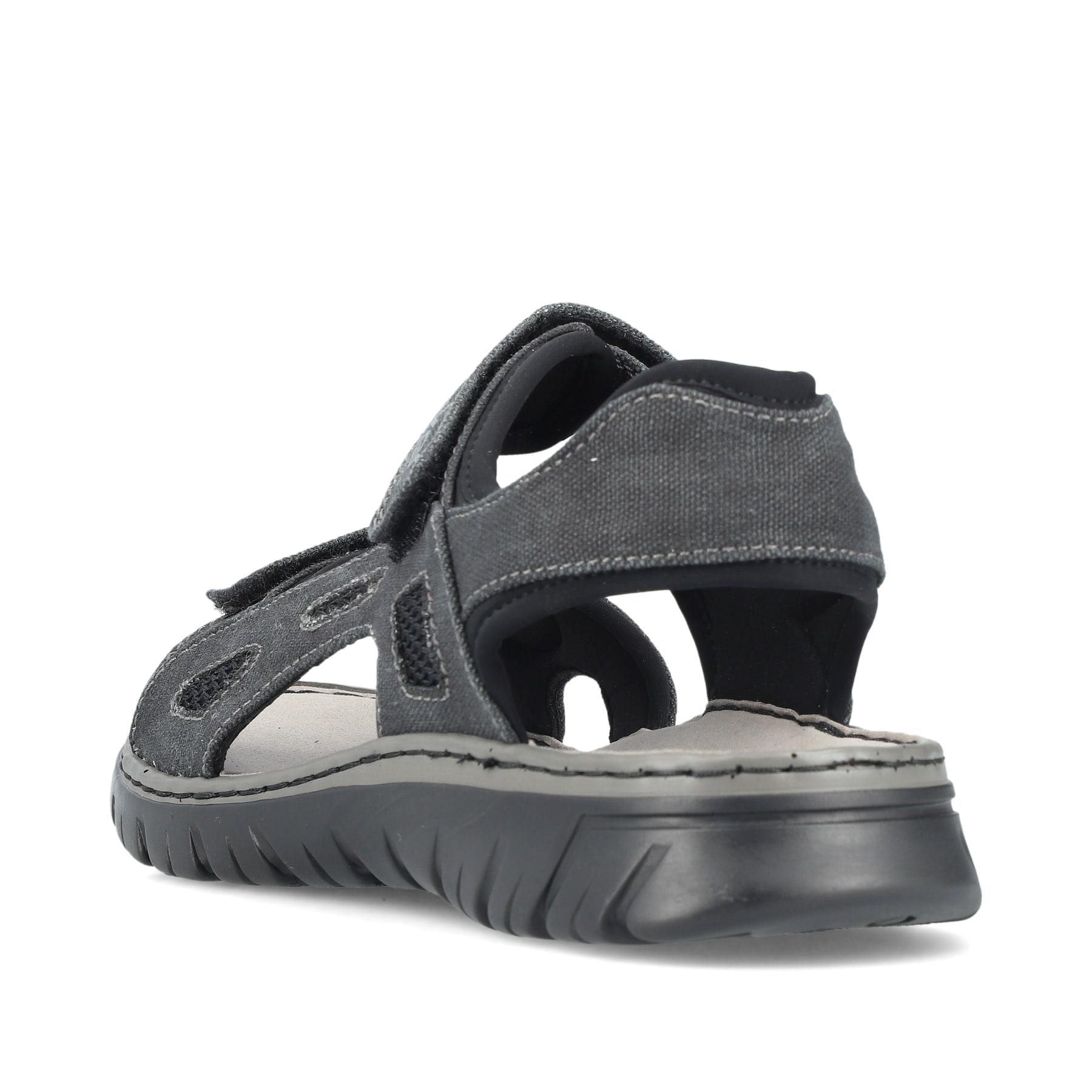 Graue Rieker Herren Trekkingsandalen 26763-45 mit einem Klettverschluss. Schuh von hinten.