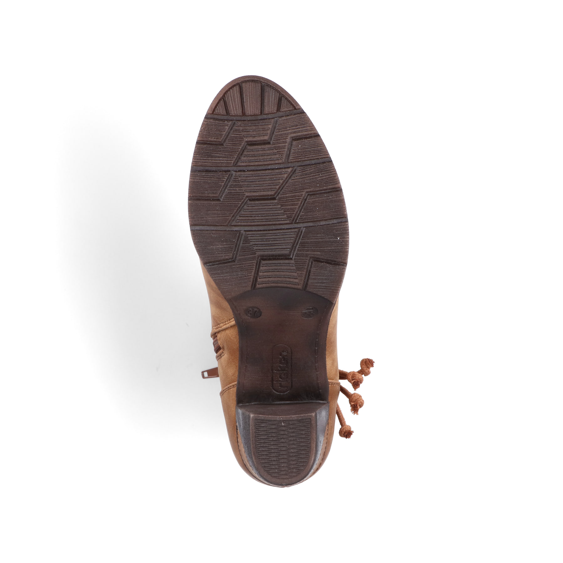 Zimtbraune Rieker Damen Stiefeletten 96073-22 mit einer Profilsohle mit Blockabsatz. Schuh Laufsohle
