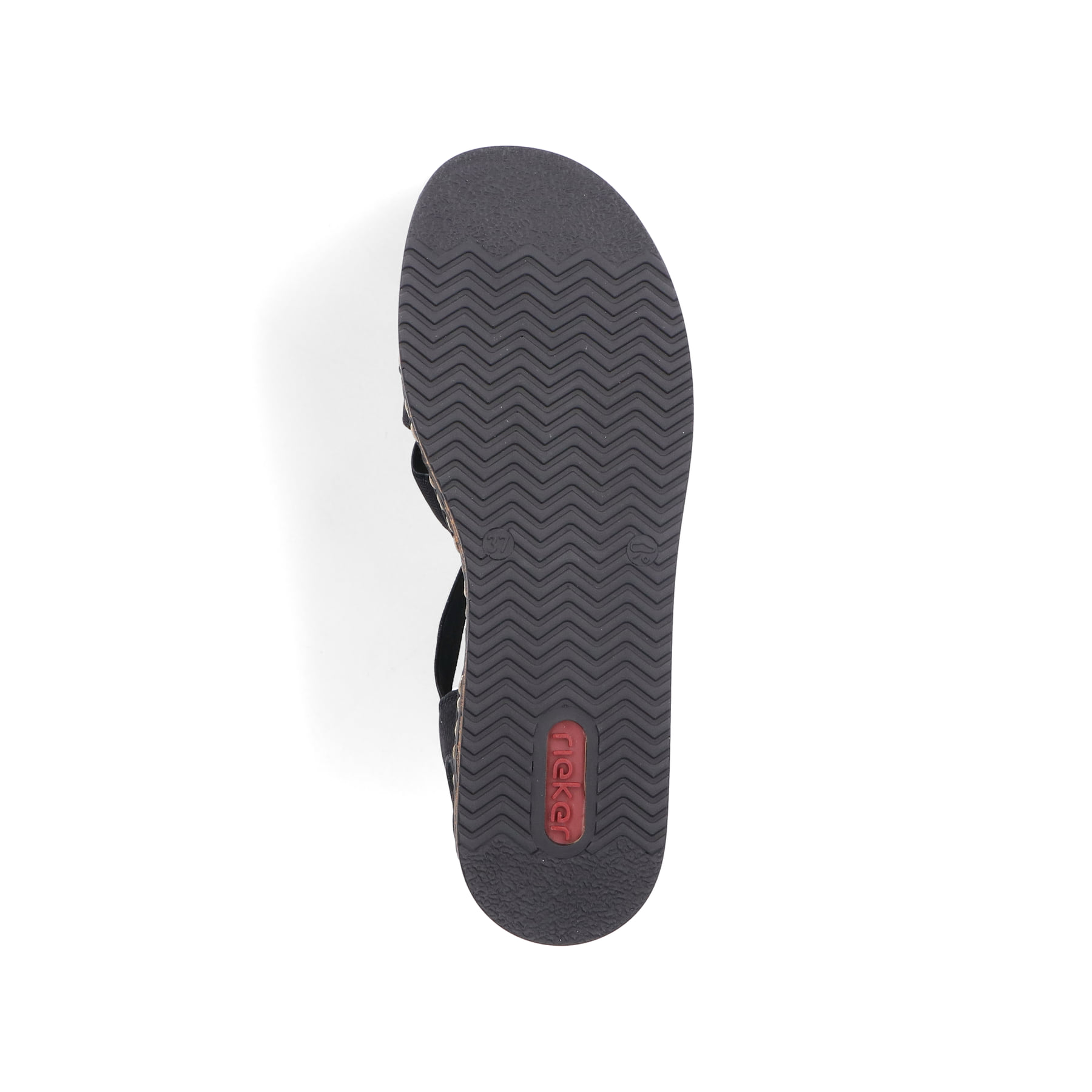 Schwarze Rieker Keilsandaletten 62949-00 mit Schmuckelementen sowie Gummizug. Schuh Laufsohle.