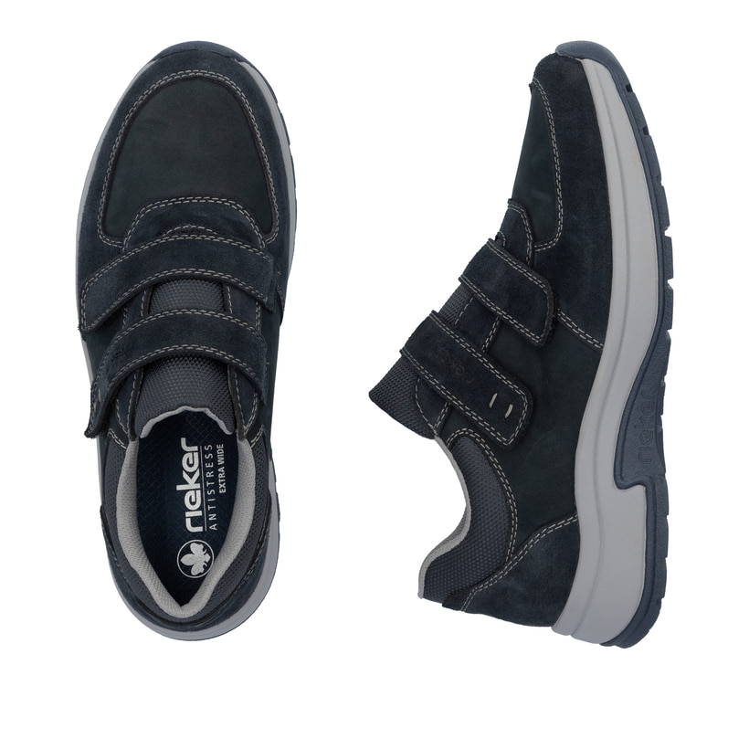 Mocassins Rieker bleus homme 11051-14 en cuir suédé avec fermeture velcro. Chaussure vue de dessus, couchée.