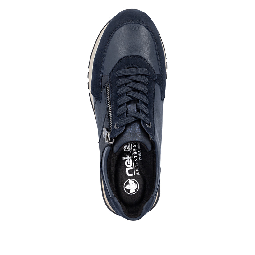 Dunkelblaue Rieker Damen Sneaker Low 49010-14 aus Rauleder mit Reißverschluss. Schuh von oben.