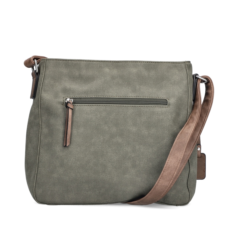 Rieker Handtasche H1340-54 in Grün mit geflochtenem Deko-Riemen, Reißverschluss und Handyfach. Rückseite.