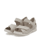 Beige Rieker Damen Riemchensandalen V7474-60 mit einem Klettverschluss. Schuhpaar seitlich schräg.