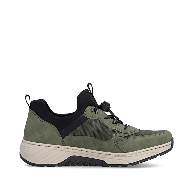 Khaki-schwarze Rieker Damen Slipper 53153-54 mit Gummizug sowie der Extraweite H. Schuh Innenseite.