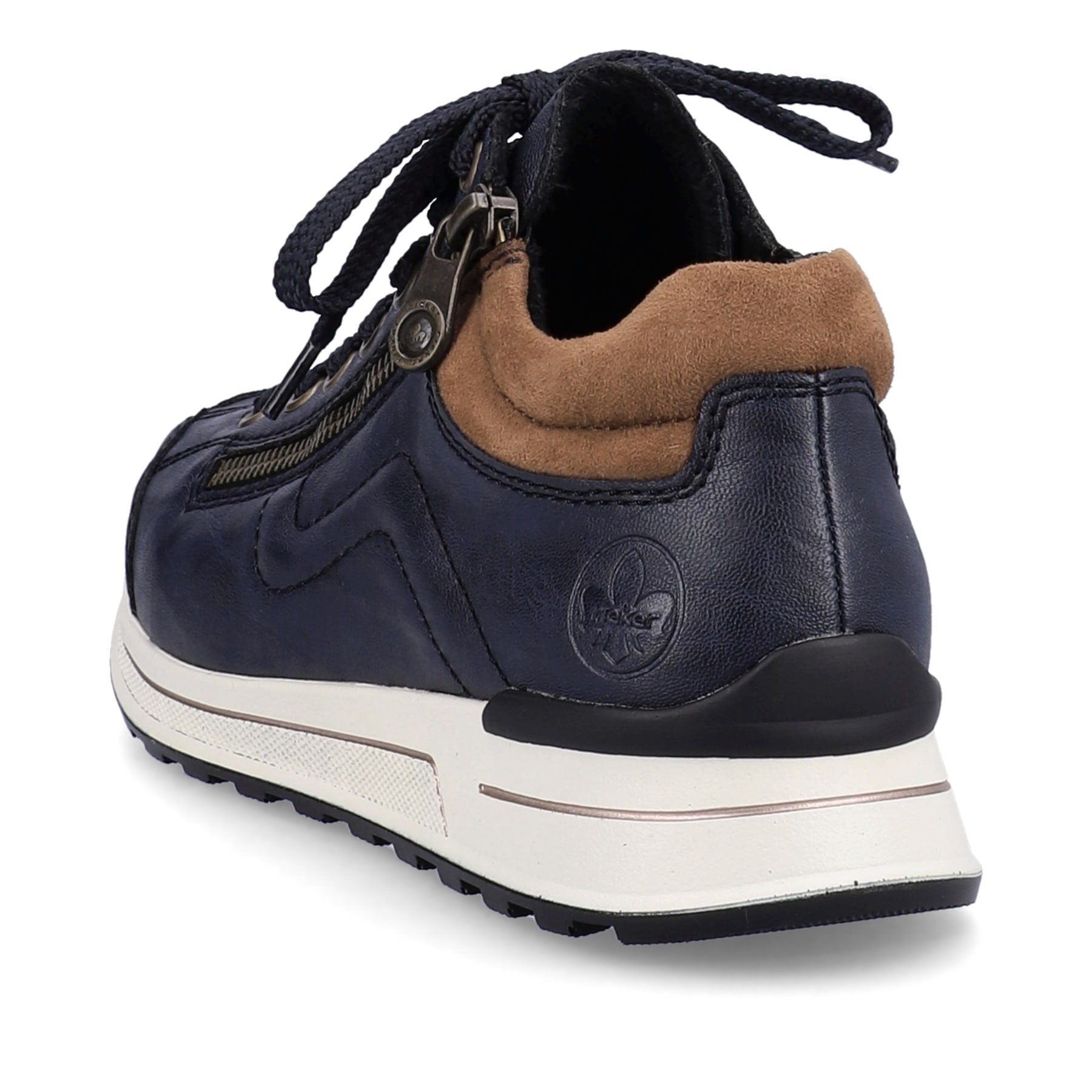 Baskets basses Rieker bleues femme N1400-14 avec bord de tige rembourré. Chaussure vue de dessus.