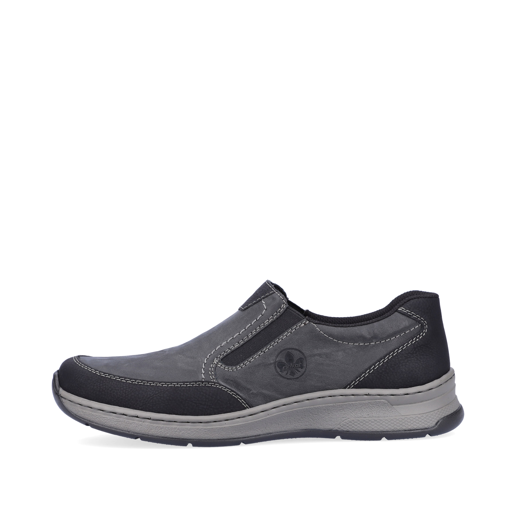 Mocassins Rieker gris pour hommes 14362-00 avec bande élastique. Côté extérieur de la chaussure.