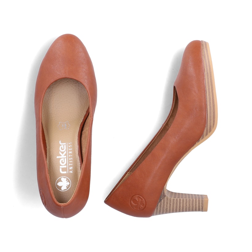 Braune Rieker Pumps 41560-23 aus Glattleder mit einer griffigen Sohle. Schuh von oben, liegend.