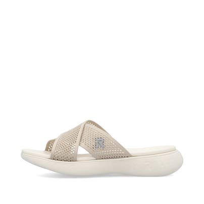 Beige vegane Rieker Damen Pantoletten V2105-60 mit einer ultraleichten Sohle. Schuh Außenseite.