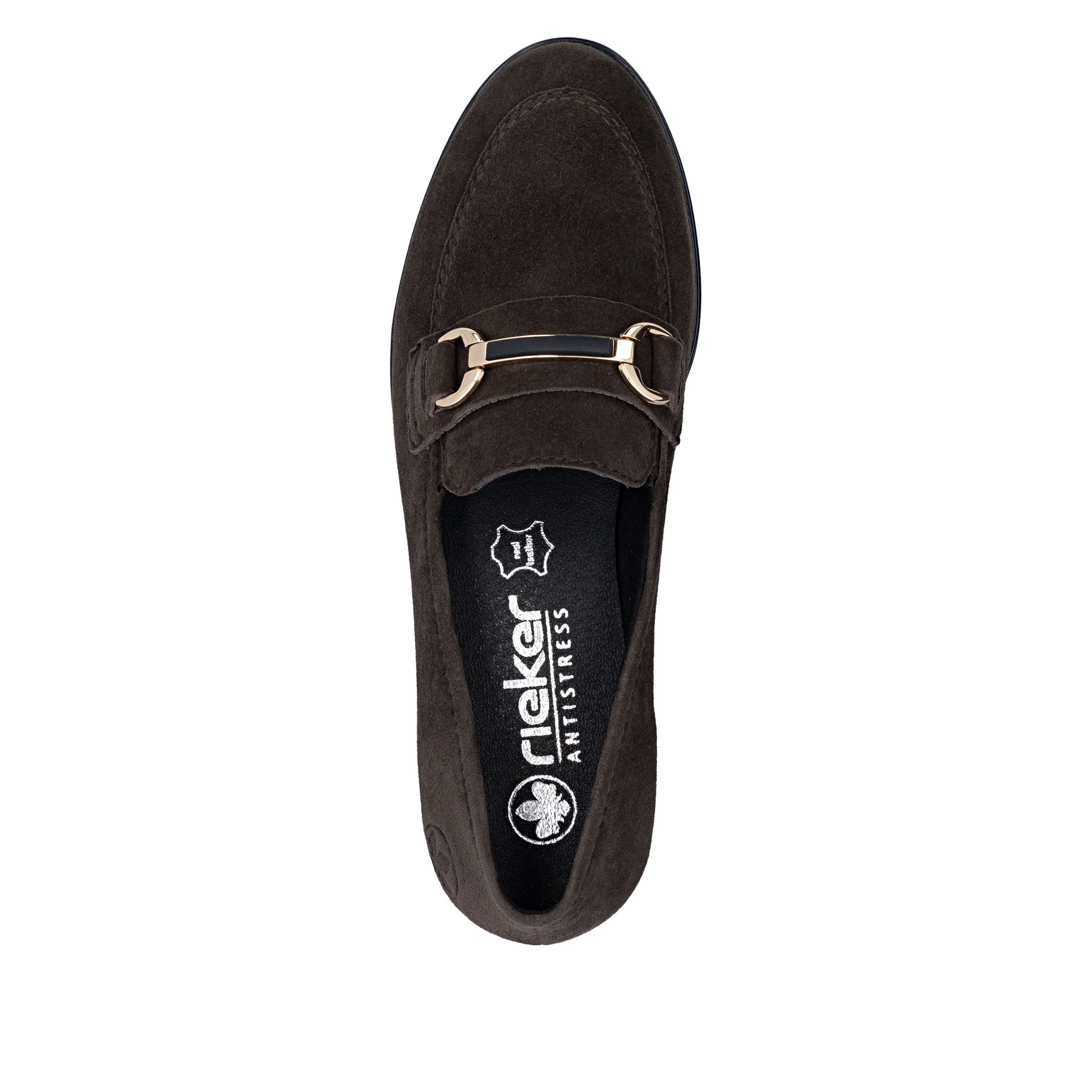 Dunkelbraune Rieker Damen Loafer 46262-25 aus Rauleder mit Schmuckelementen. Schuh von oben.