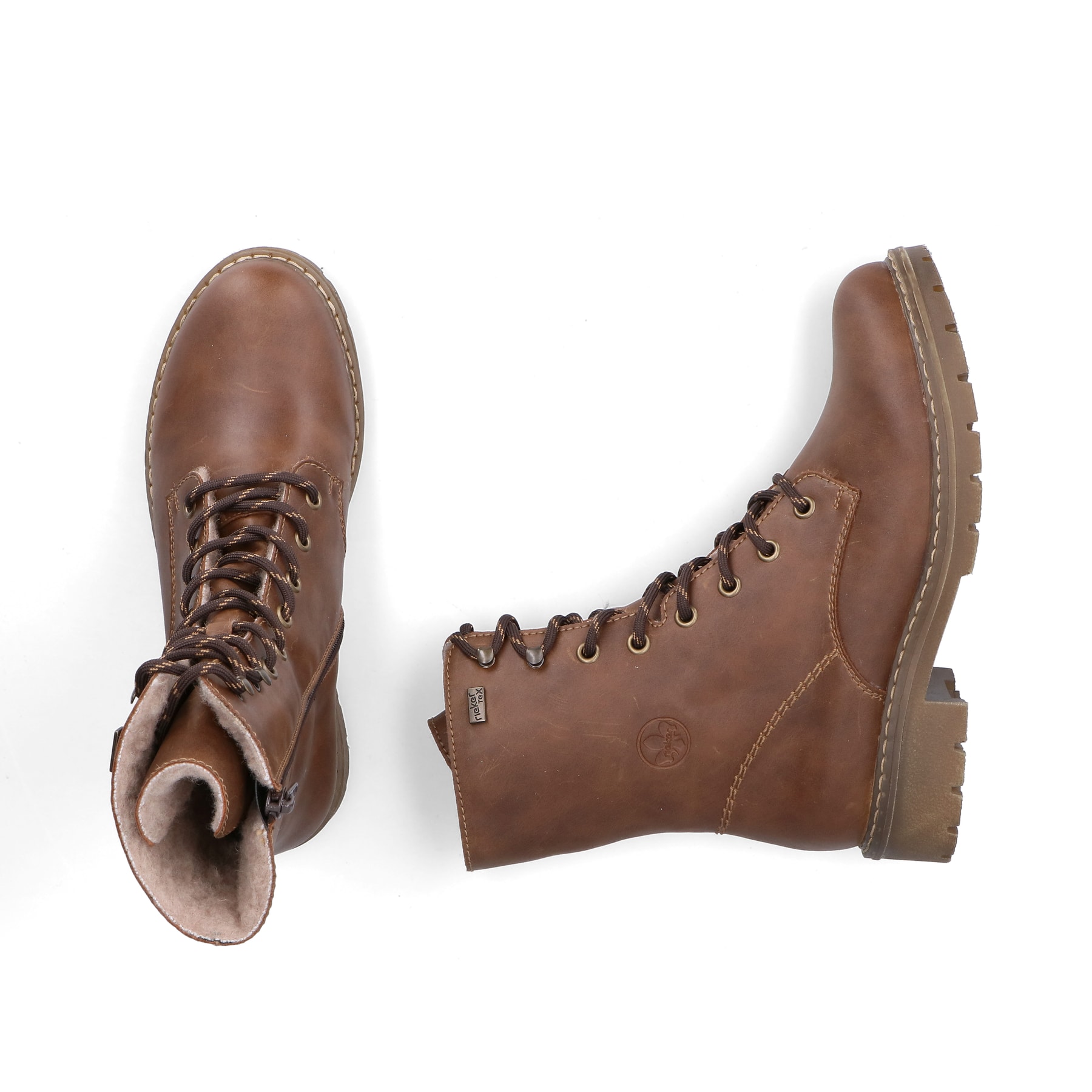 Braune Rieker Damen Schnürstiefel Y9184-22 mit wasserabweisender TEX-Membran. Schuh von oben, liegend.
