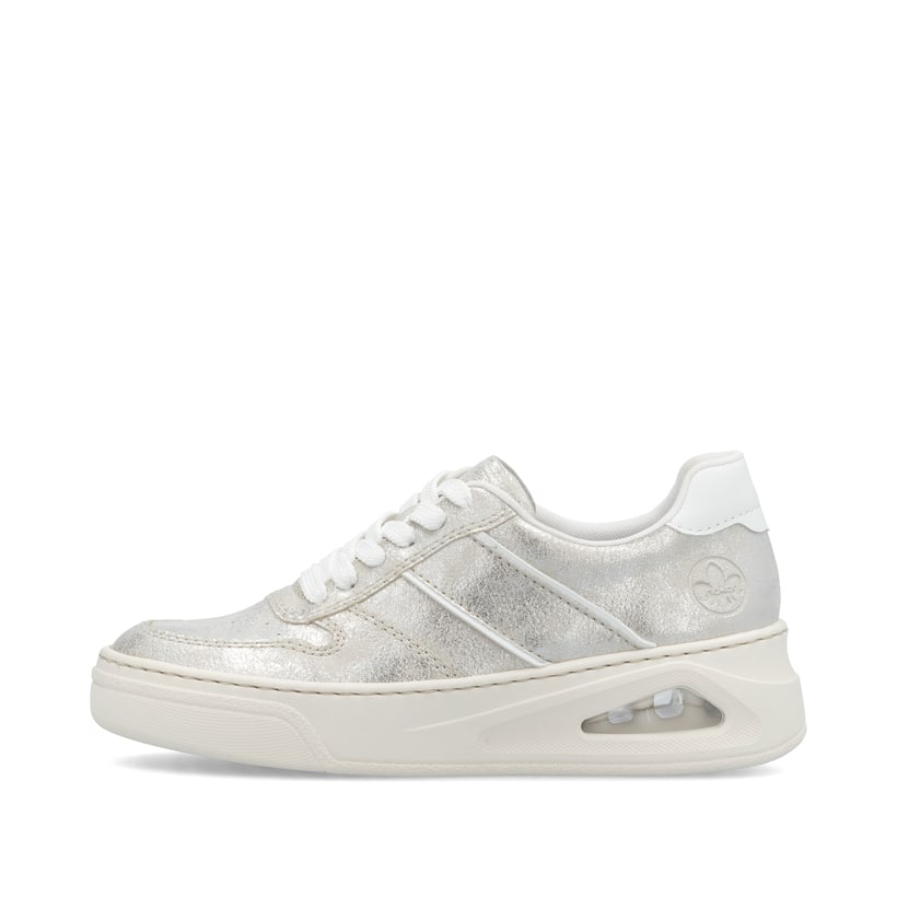 Silberne Rieker Damen Sneaker Low N6402-40 mit Rieker Air Sohlenfenster. Schuh Außenseite.