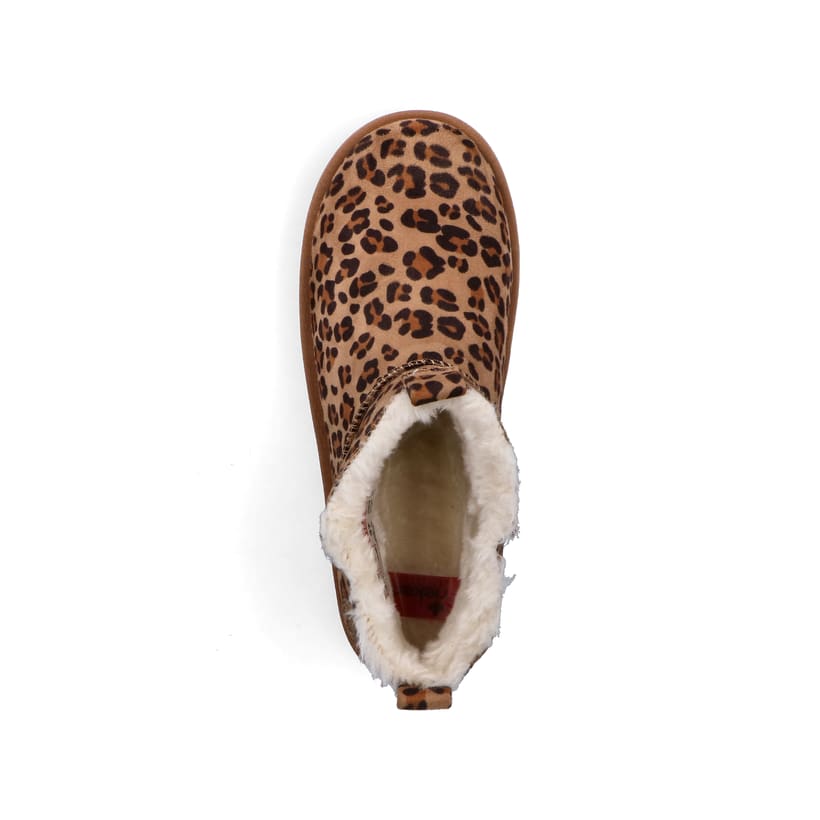 Braune Rieker Damen Kurzstiefel 99861-25 mit Leo-Print sowie der Komfortweite G. Schuh von oben.
