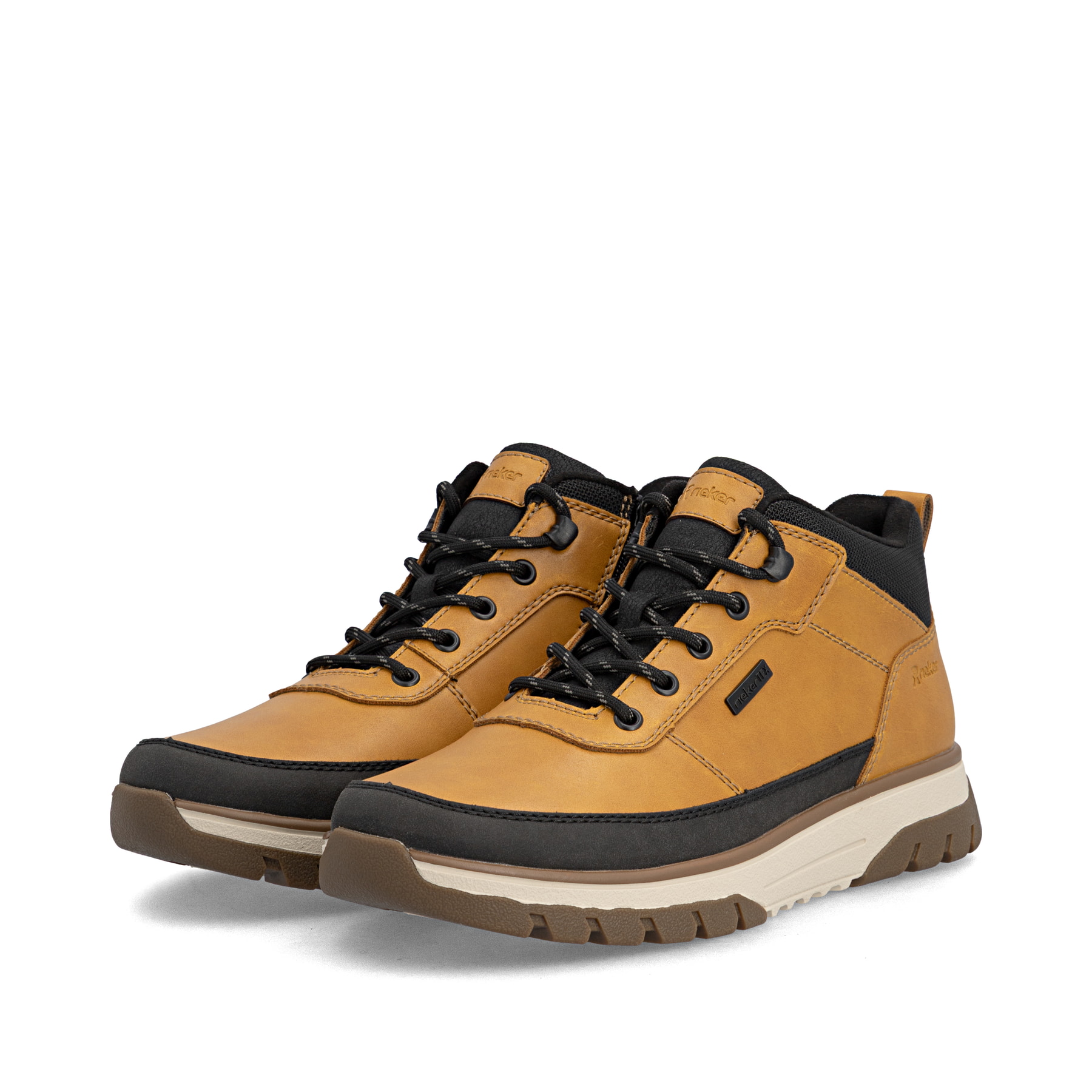 Schwarz-ockerfarbene Rieker Herren Schnürstiefel B9300-20 mit Reißverschluss. Schuhpaar seitlich schräg.