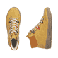 Ockerfarbene Rieker Damen Schnürstiefel N0711-68 mit farbenfrohen Details. Schuh von oben, liegend.