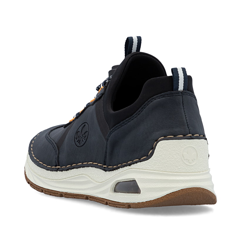 Mocassins Rieker bleus femme 44551-14 avec fenêtre de semelle Rieker Air. Chaussure vue de l'arrière.