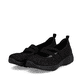 Schwarze Rieker Ballerinas M5075-00 mit einem Gummizug sowie der Komfortweite G. Schuhpaar seitlich schräg.