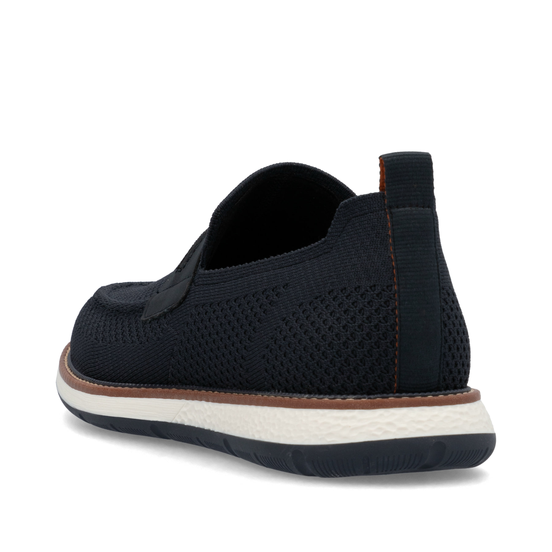 Blaue Rieker Herren Slipper 04451-14 mit einem Gummizug sowie Komfortweite G 1/2. Schuh von hinten.