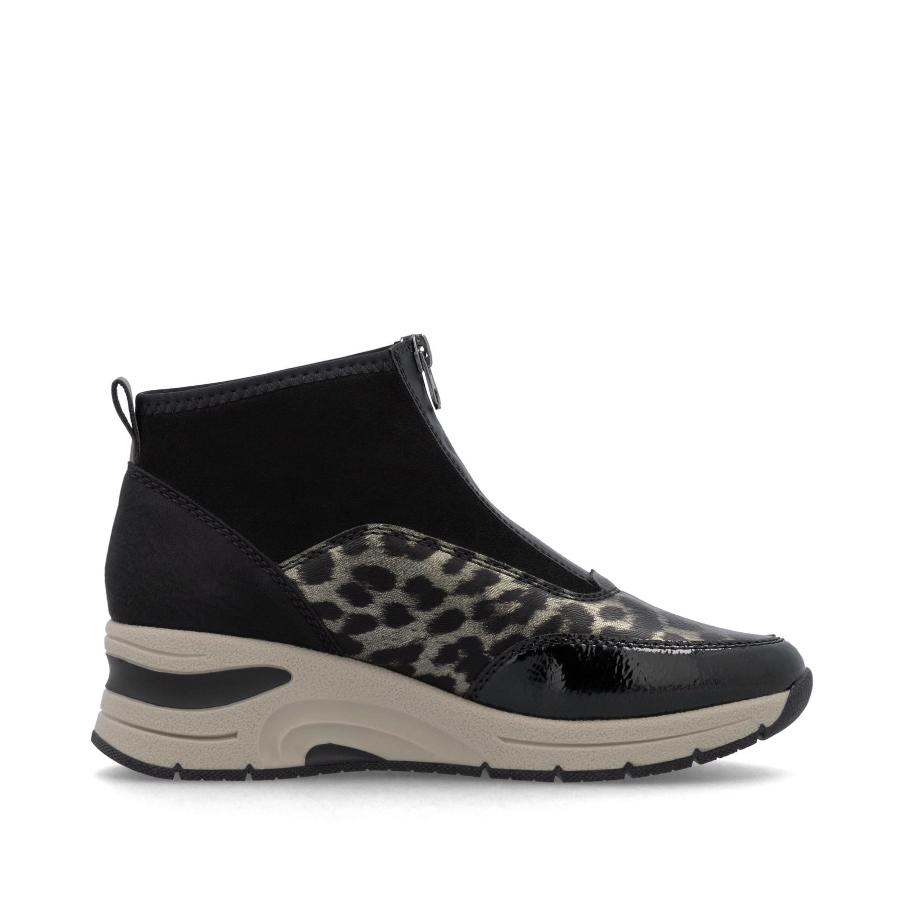 Schwarze Rieker Damen Sneaker High N9362-00 mit Leo-Print sowie Reißverschluss. Schuh Innenseite.