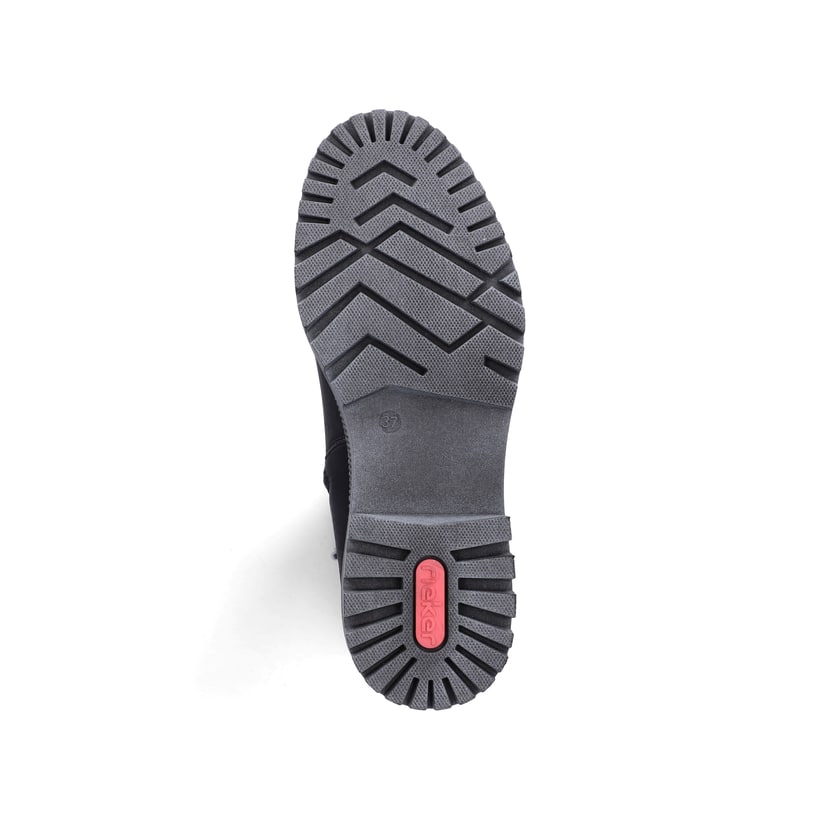 Schwarze Rieker Damen Kurzstiefel Y7681-00 mit gerafftem Schaft. Schuh Laufsohle.