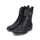
Asphaltschwarze Rieker Damen Schnürstiefel 70640-00 mit Schnürung und Reißverschluss. Schuhpaar schräg.