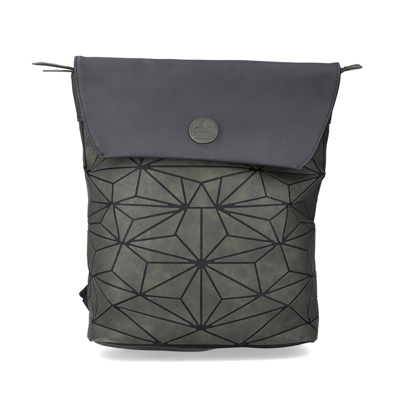Rieker Damen Rucksack H1391-54 in Olivgrün-Stahlschwarz aus Kunstleder mit Magnetverschluss. Rucksack Vorderseite.