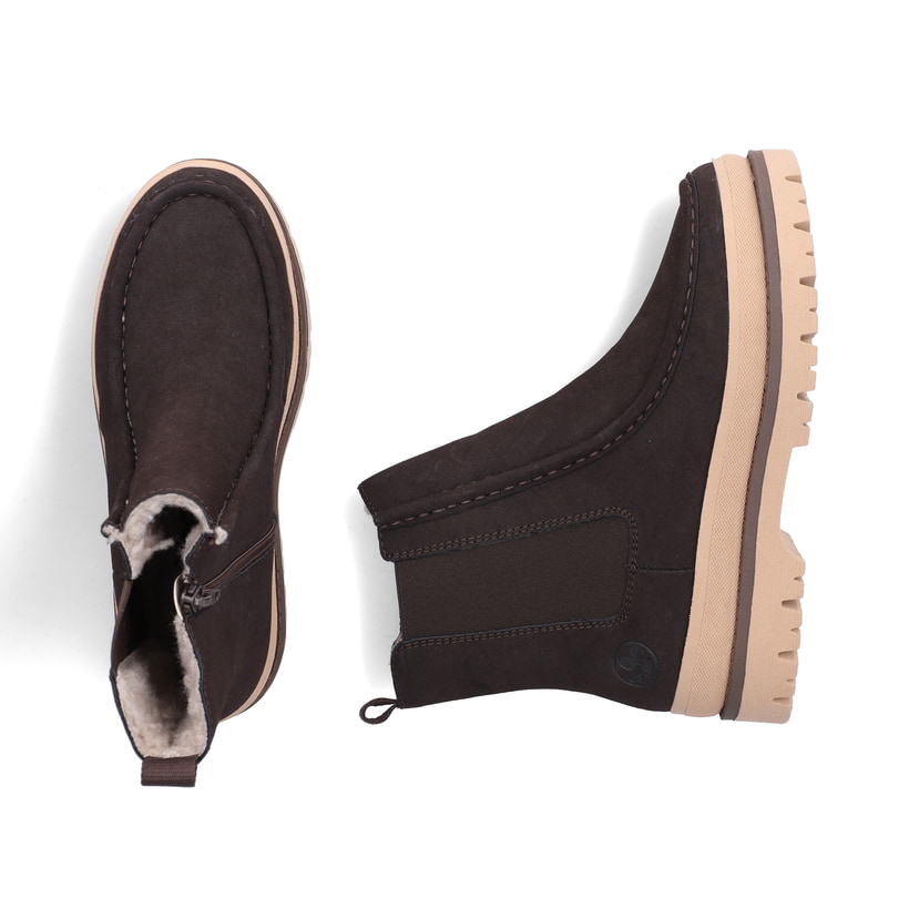 Dunkelbraun-beige Rieker Damen Chelsea Boots Y6272-25 mit einem Reißverschluss. Schuh von oben, liegend.