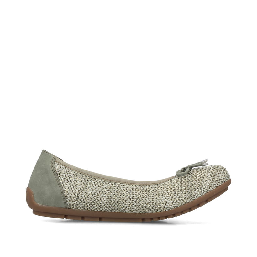 Khakifarbene Rieker Ballerinas 43850-52 mit dekorativer Schleife. Schuh Innenseite.