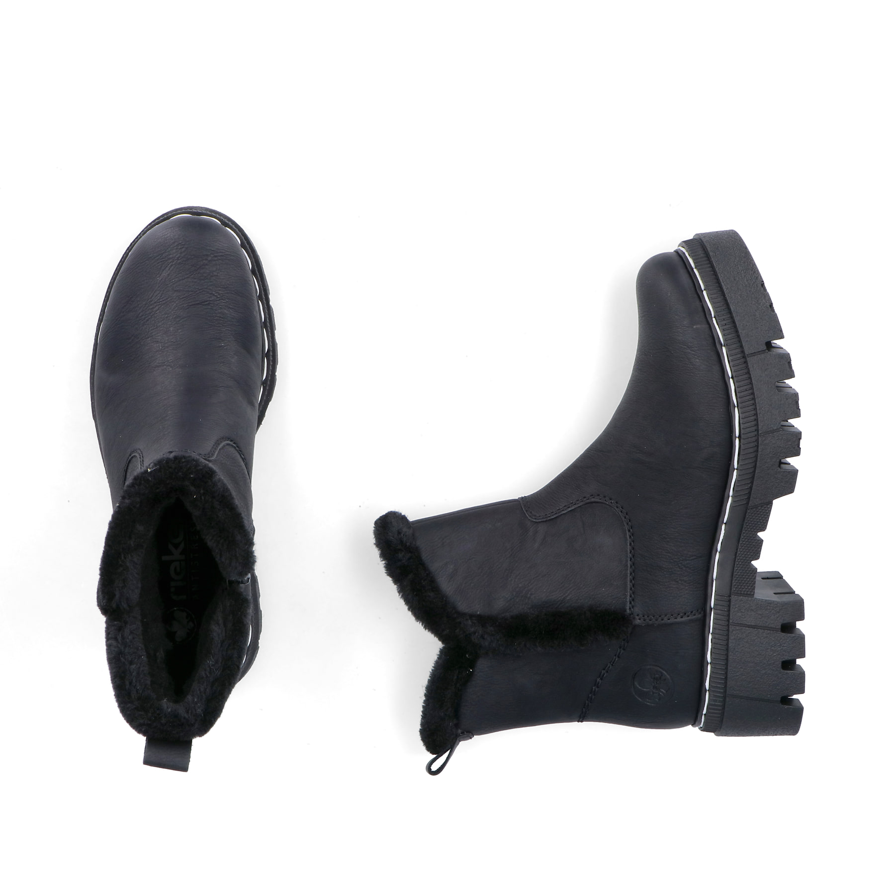 Schwarze Rieker Damen Chelsea Boots 74082-00 mit Fellschaftrand. Schuh von oben, liegend.