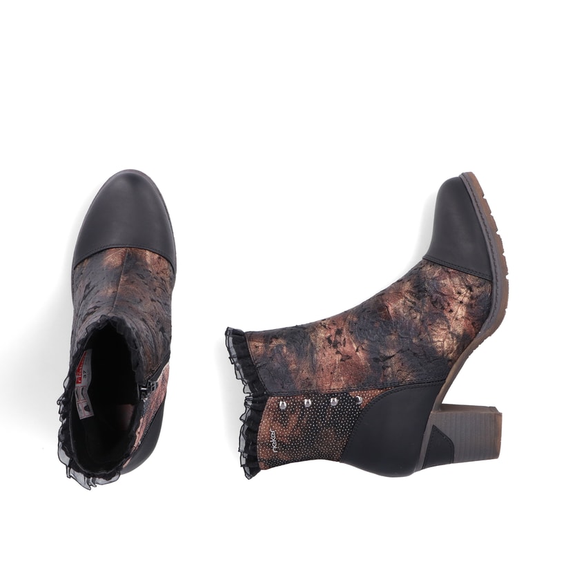 Mehrfarbige Rieker Damen Stiefeletten 96064-90 mit einem Reißverschluss. Schuh von oben, liegend.