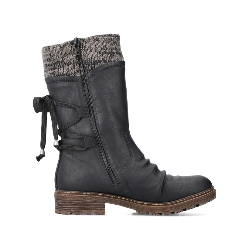 Tiefschwarze Rieker Damen Kurzstiefel Z4773-01 mit einer robusten Profilsohle. Schuh Innenseite