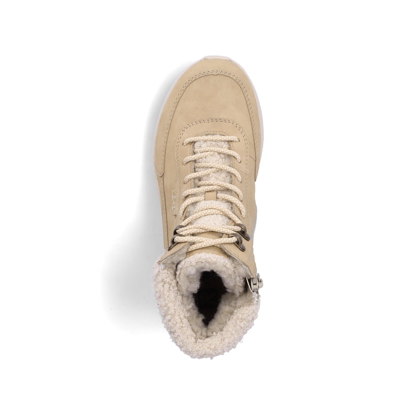 Vegane, beige Rieker Damen Sneaker High M8510-60 mit Teddyfell-Kragen. Schuh von oben.