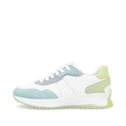 Weiße Rieker Damen Sneaker Low W1308-81 mit Schnürung sowie abriebfester Sohle. Schuh Außenseite.