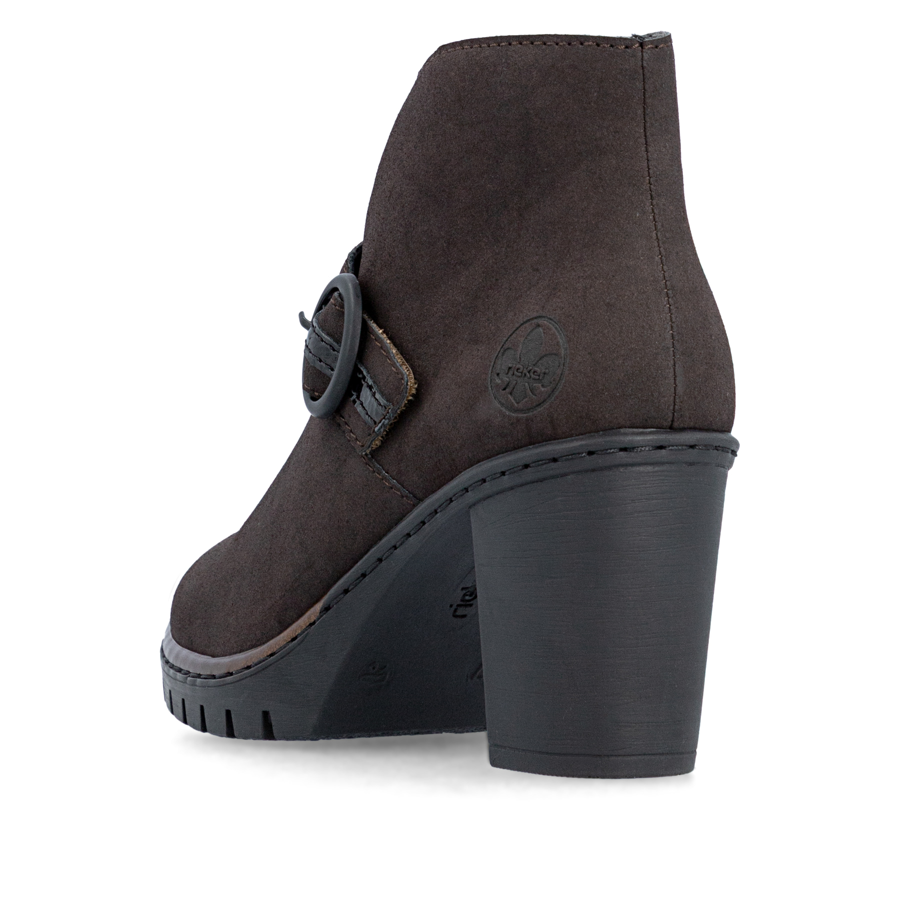 Dunkelbraune Rieker Damen Stiefeletten Y2586-25 mit einem Reißverschluss. Schuh von hinten.