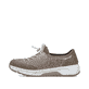 Beige Rieker Damen Slipper 53151-64 mit metallischem Finish sowie einem Gummizug. Schuh Außenseite.