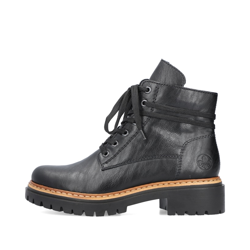 
Nachtschwarze Rieker Damen Biker Boots 72603-00 mit Schnürung und Reißverschluss. Schuh Außenseite