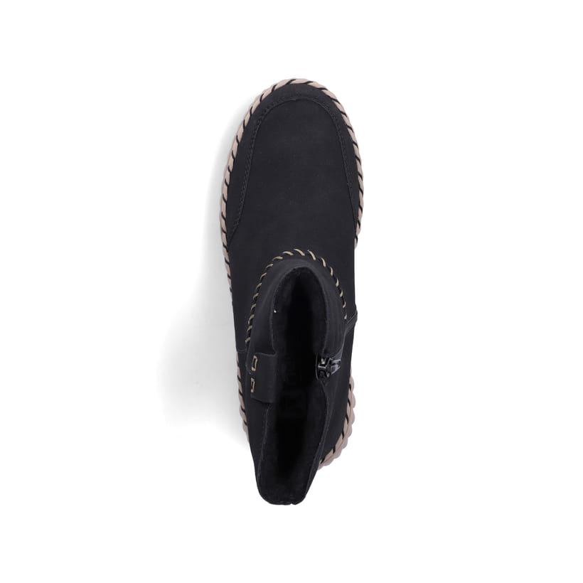 Schwarze Rieker Damen Kurzstiefel N2870-00 mit handgestickten Nähten. Schuh von oben.
