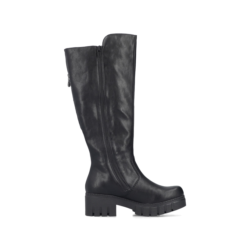 Schwarze Rieker Damen Hochschaftstiefel 74597-00 mit einem Reißverschluss. Schuh Innenseite.