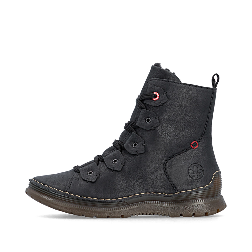 Schwarze Rieker Damen Schnürstiefel 53602-00 mit einem Reißverschluss. Schuh Außenseite.