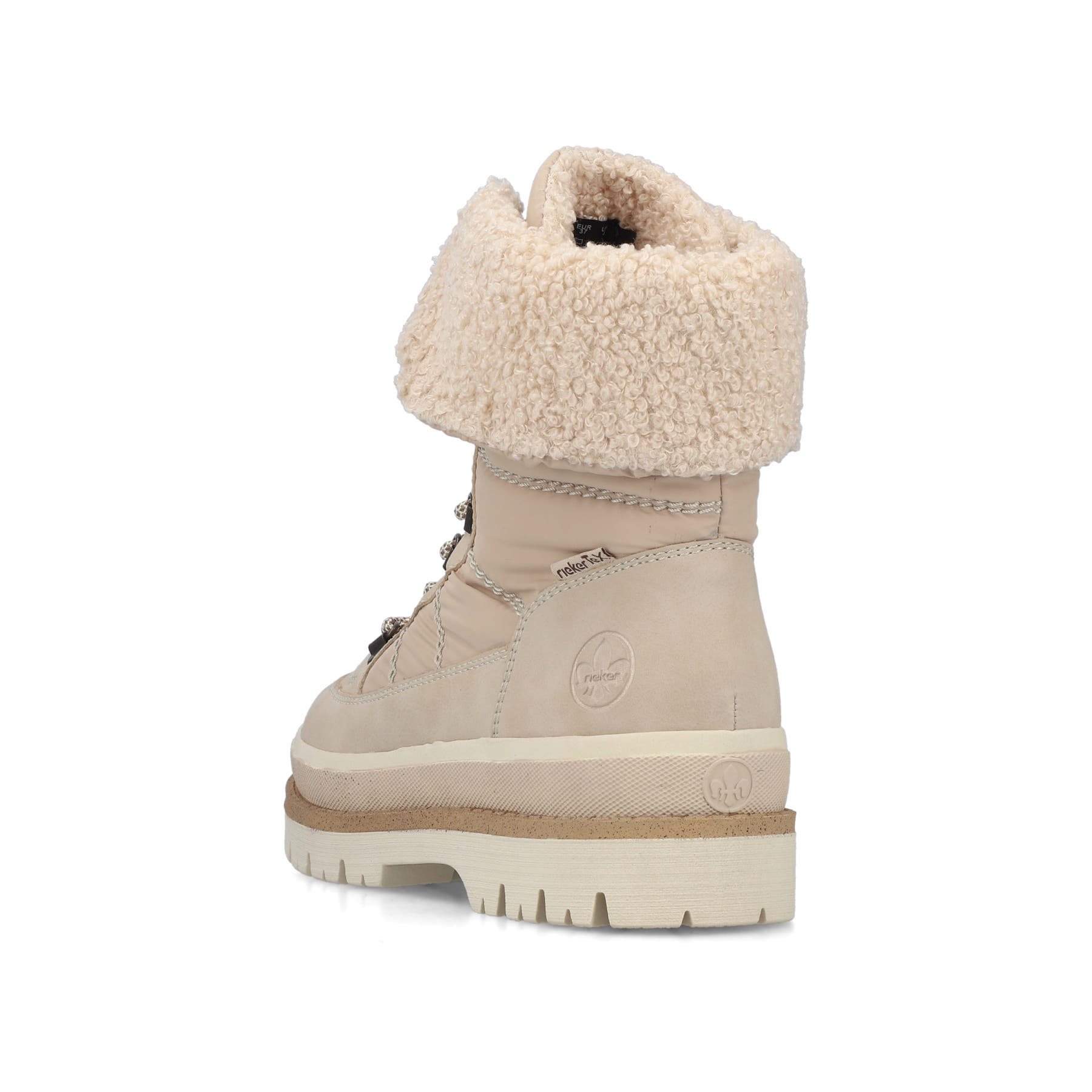 Beige Rieker Damen Schnürstiefel Y6200-62 mit wasserabweisender TEX-Membran. Schuh von hinten.