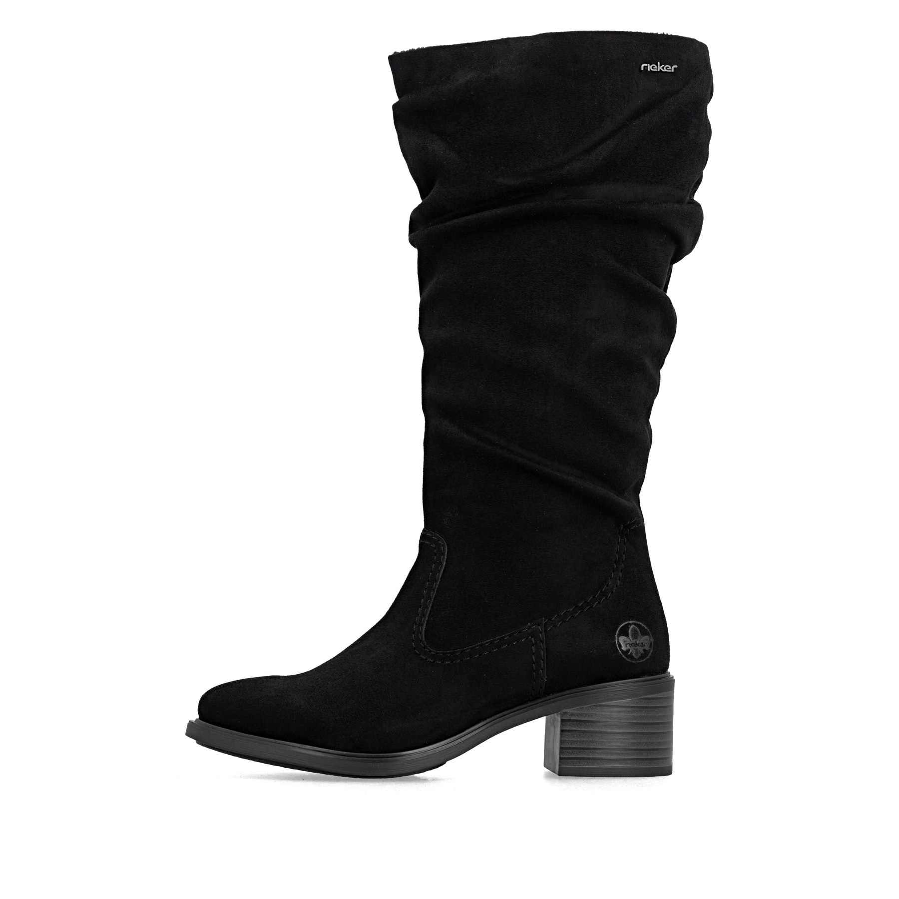 Schwarze Rieker Damen Hochschaftstiefel 74192-00 mit gerafftem Schaft. Schuh Außenseite.