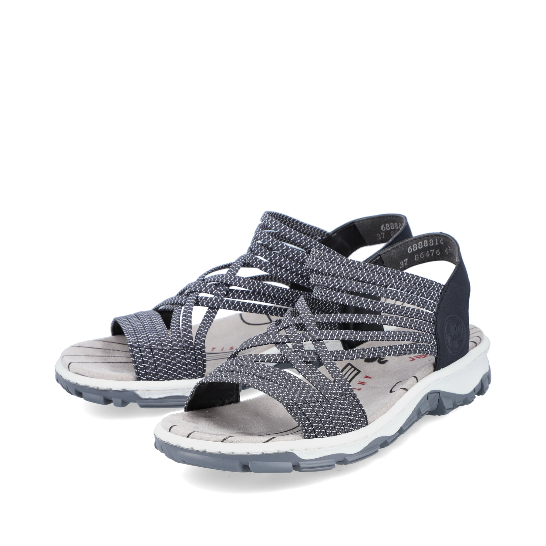 Blaue Rieker Damen Trekkingsandalen 68888-14 mit einem Gummizug. Schuhpaar seitlich schräg.