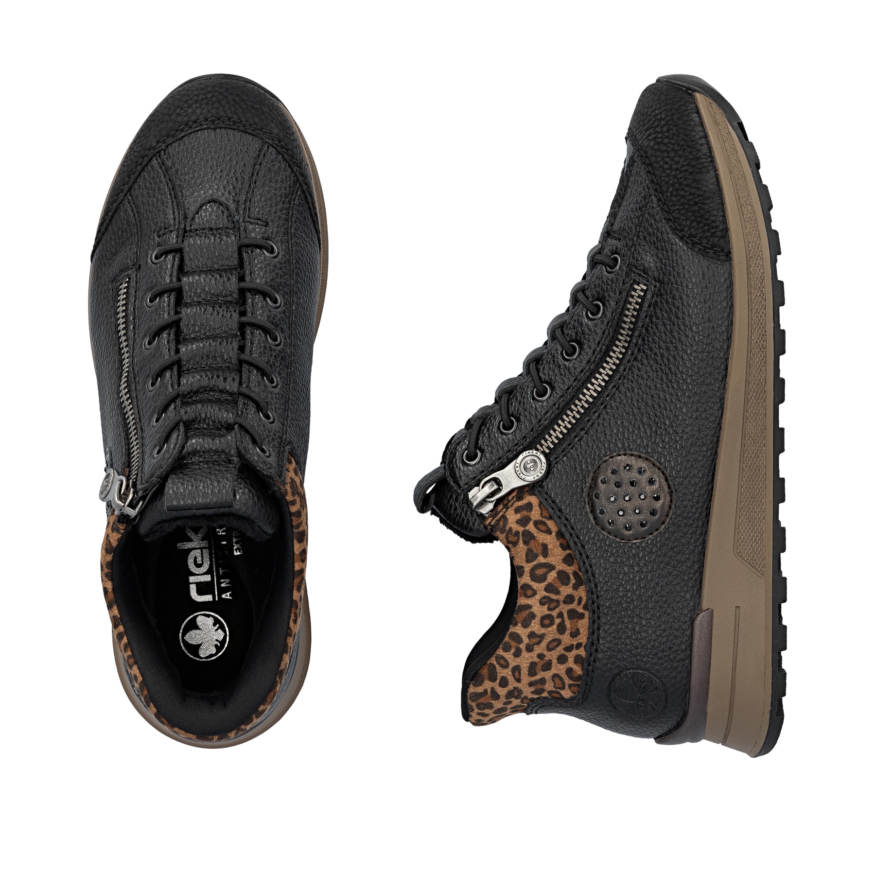 Schwarze Rieker Damen Kurzstiefel N1457-00 mit Ready2GO Schnell-Anziehfunktion. Schuh von oben, liegend.