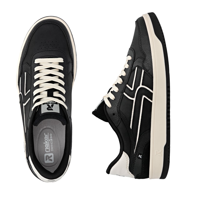 Baskets basses Rieker noires pour homme U1900-00 avec semelle durable. Chaussure vue de dessus, couchée.
